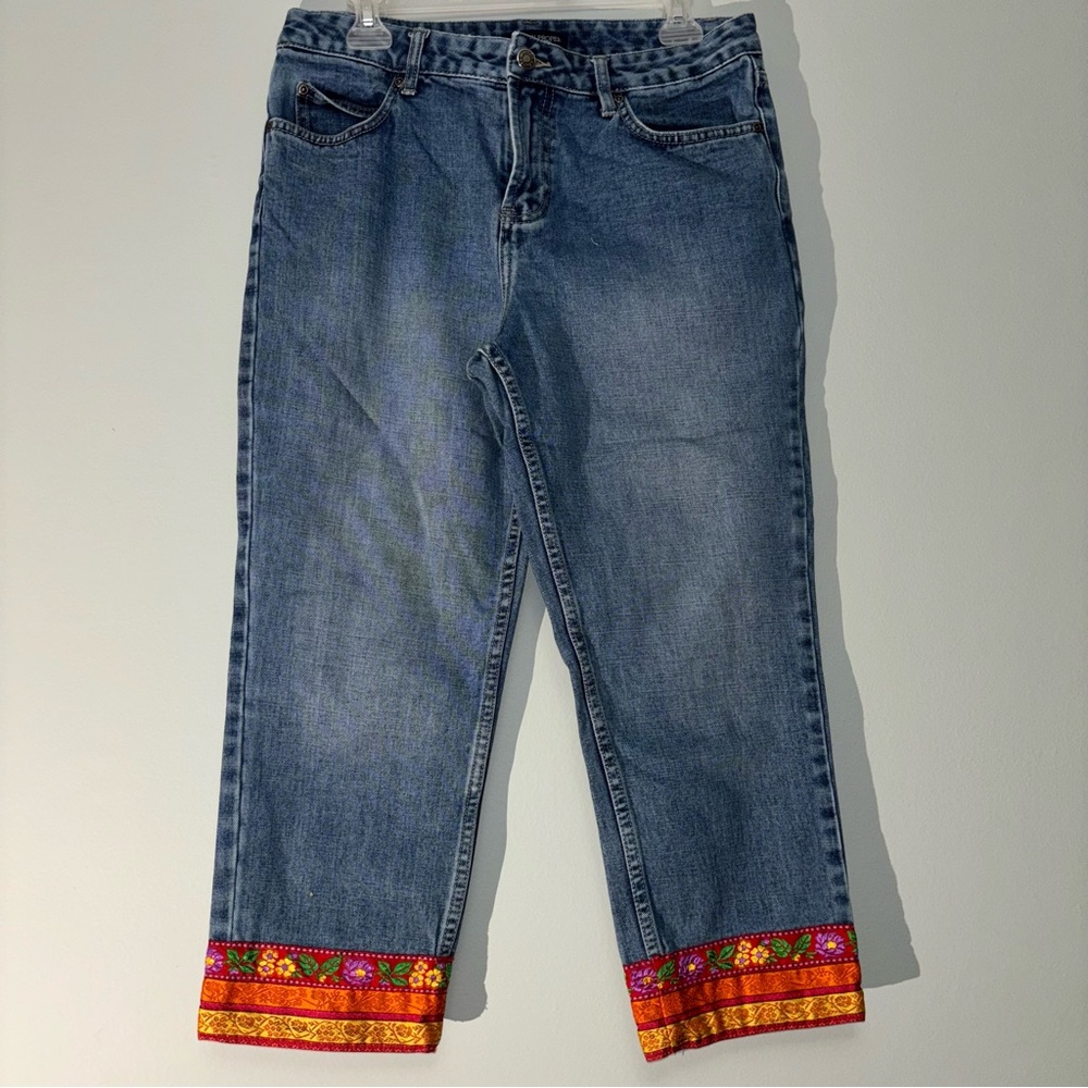 Boston Proper Light Blue crop Jeans w/ boho style embroidered cuff size 10